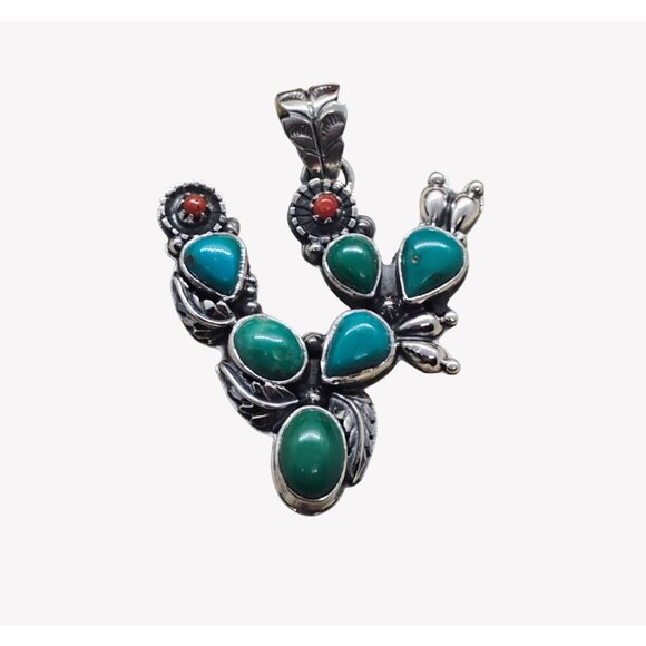 Turquoise & Coral Prickly Pear Cactus Pendant Sterling Silver Southwest Unisex - Picture 2 of 7